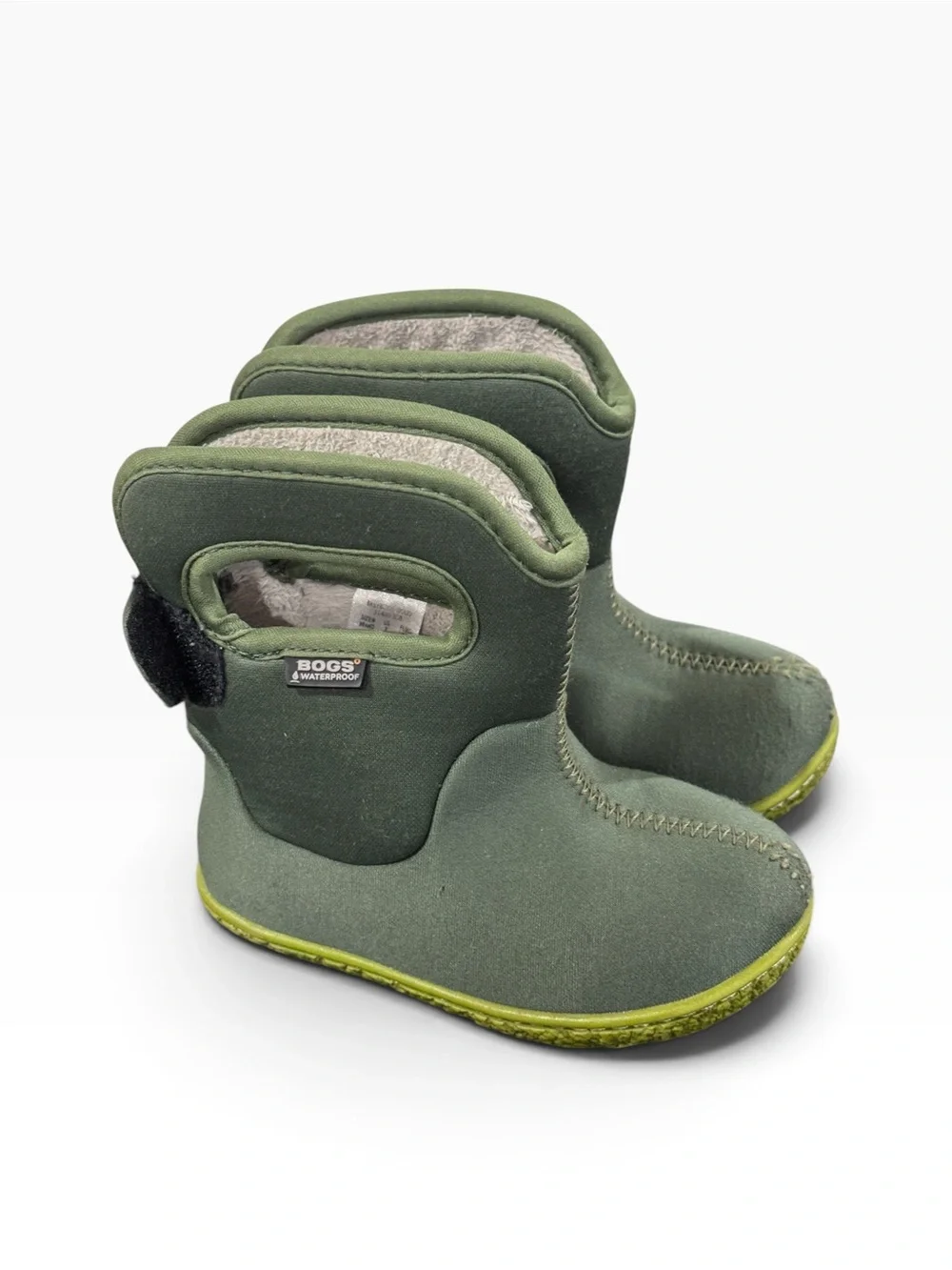 Bogs Kids Olive Green Waterproof Snow Boots with Yellow-Green Soles